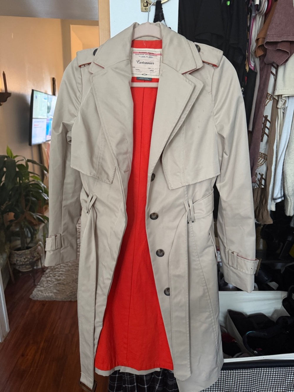 Cartonnier Women's Beige Trench Coat with Orange Lining